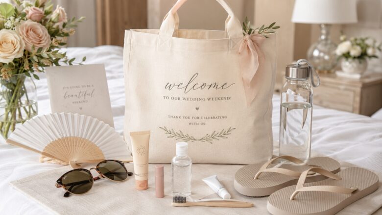Welcome bag with sunscreen, fan, sunglasses, flip-flops, water bottle, and travel toiletries