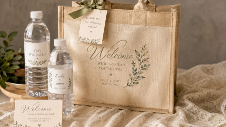 Welcome bag with custom water bottles and a thank-you card on a table
